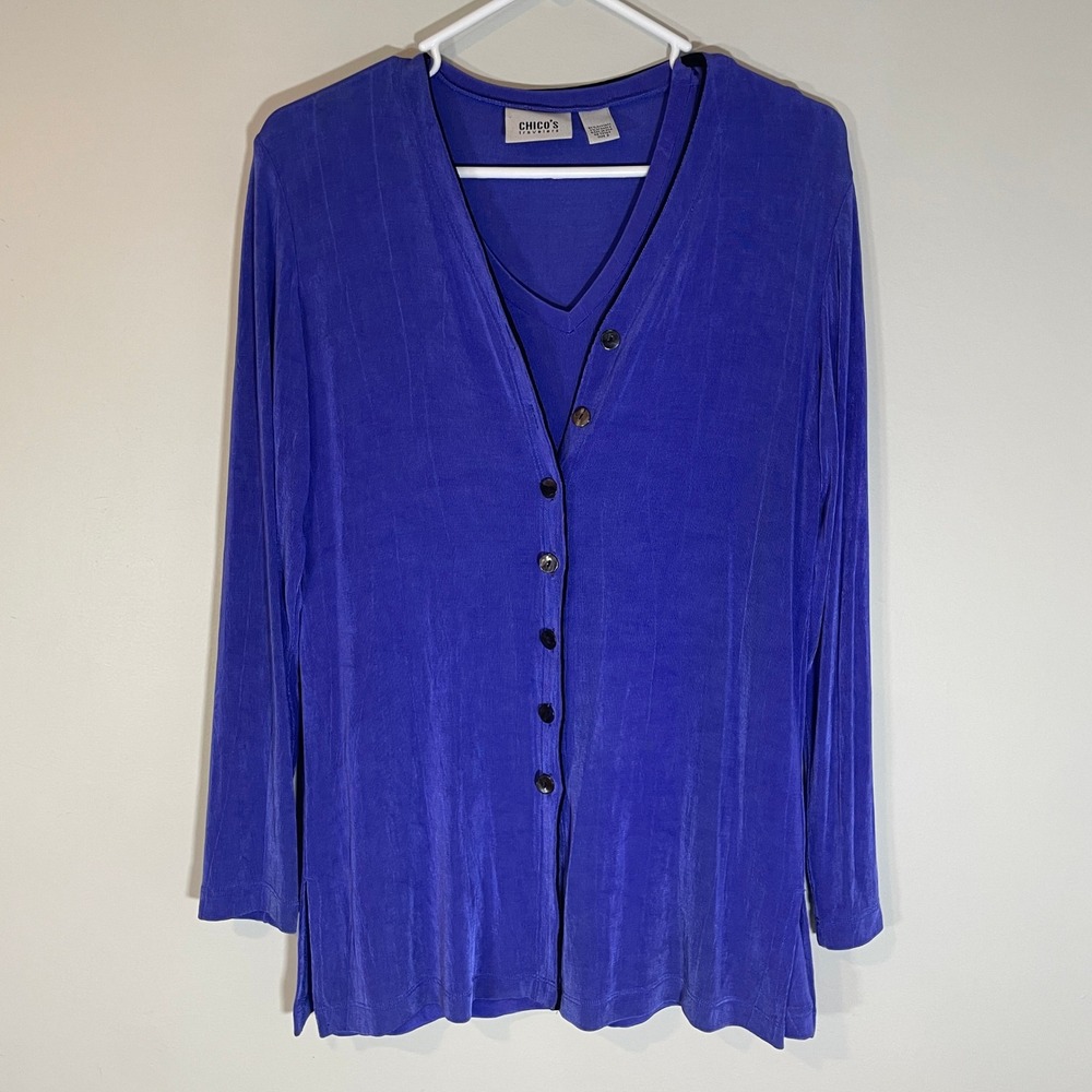 Chicos Travelers Purple 2 Piece Cardigan and Tank Set Size 2 L Slinky Stretch